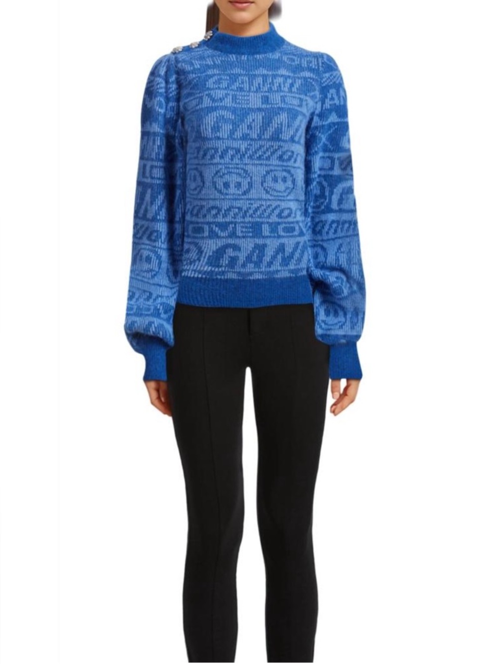 GANNI Alpaca and Merino Wool Jaquard Logo Button Sweater in Blue NWT's Sz Small